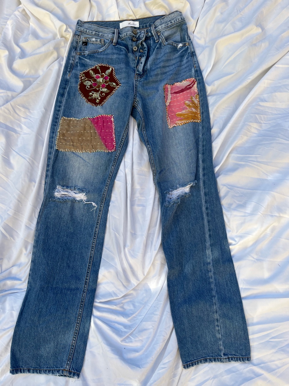 KanCan OOAK Reworked Embroidered Patchwork Straight Jeans Distressed Boho